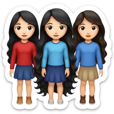 create a trio emoji girl with the first girl with a long black wavy hair with a light skin and the second girl with an mid length wavy hair with a little bit of brown color with light morena skin and the last with long black straight hair with light morena skin sticker