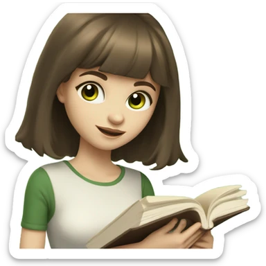 Girl with shoulder length brown hair, wispy bangs, green eyes, pale skin, reading a book sticker