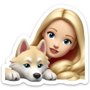 Pretty blonde Barbie napping with red Siberian Husky  sticker