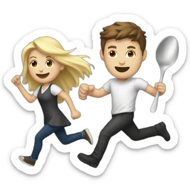 Blonde girl chasing brunette guy with a spoon sticker