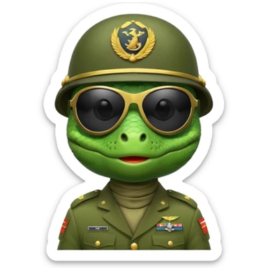 Lizard in military uniform with  black sunglasses and military helmet sticker