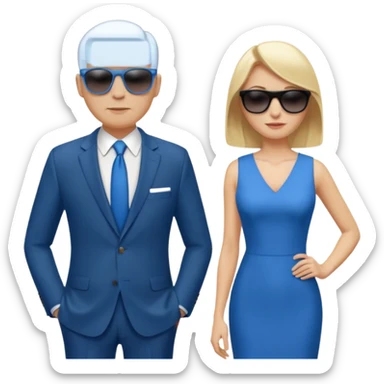 White woman with blonde hair wearing sunglasses and a blue dress, standing next to a tall bald white man sticker