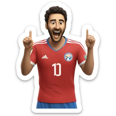 Arda Güler celebrating a goal: his right hand firmly placed on his chest while his left hand is raised and pointing towards the sky, capturing a moment of youthful exuberance, gratitude, and joy sticker
