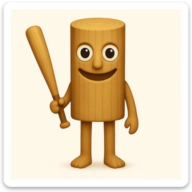 Make the character less human and more like a wooden stump, with a face that closely matches the reference image: large round eyes, wide unsettling smile, and minimal human features. Keep arms and legs, holding a baseball bat. Render in emoji style. sticker