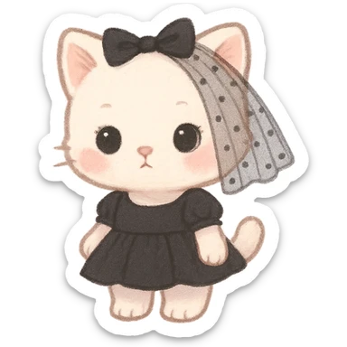 pastel toon style white baby cat wearing a black mini dress and black veil sticker