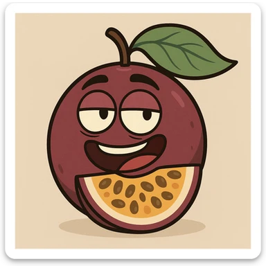 a stylized passionfruit with a leaf, bold outlines, cartoon style sticker