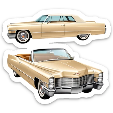Simple beige 1966 Cadillac DeVille with minimal details, clean lines, streamlined 30-degree view, reduced to essential elements only, Once Upon a Hollywood car, iOS emoji style sticker