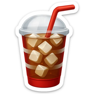Make the soft drink cup red and white in the style of apple emojis, add visible ice cubes, with no background. Keep the emoji style look. sticker