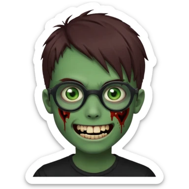 Zombie emo boy, green skin and brown hair and eyes, black glasses and a scary cut open smile, scars and blood under eyes sticker