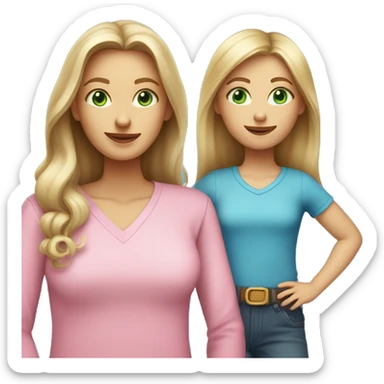 mother with long light brown and green eyes plus daughter with long dirty blonde hair and blue eyes, both with “pink shirts” sticker