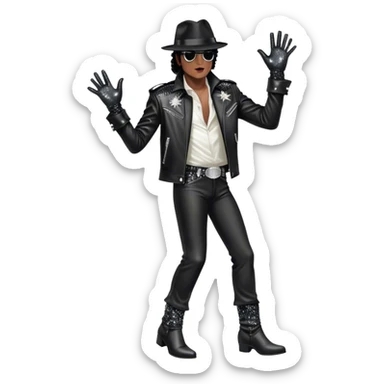 Icon for R&B Music: Michael Jackson on stage in full body, wearing his iconic concert costume—black leather jacket, sequined glove, fedora, and boots. He strikes a powerful pose, embodying the energy of R&B music. Transparent background. sticker