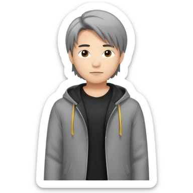 asian young man with long curtains style hair in grey jacket and black t-shirt sticker