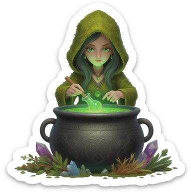 green witch cooking potion sticker