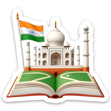 An icon featuring the Taj Mahal and the flag of India, symbolizing the Hindi language. The design includes an open book with hindi text, representing language learning and cultural richness. Transparent background highlights the heritage of India. sticker