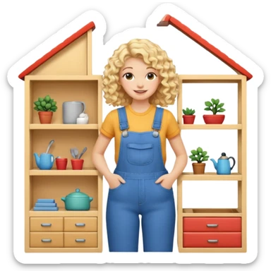 smiling blonde curly woman arranging furniture in doll house with overalls sticker