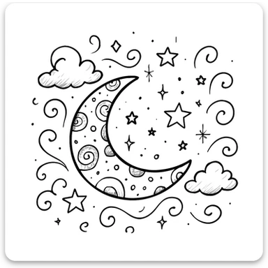 Add more decorative elements around the hand drawn doodle moon, such as clouds, sparkles, and whimsical lines, keeping the hand drawn doodle style. Maintain the whimsical and sketchy look typical of hand drawn doodles. sticker