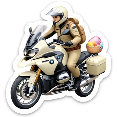 BMW RT1200 LC touring motorcycle with rider on open road in a forest with easter eggs sticker