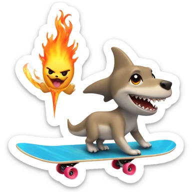 Shark skateboarding with a flaming wand in hand and a puppy in the other sticker