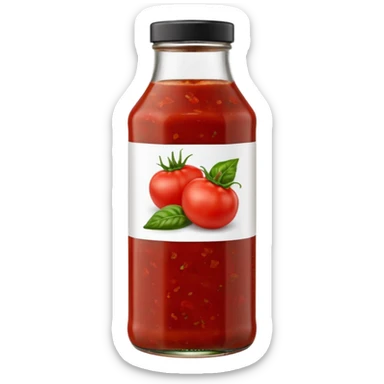 small upright bottle filled with chunky red salsa, visibly textured through a clear or semi-transparent container, wide base, simple red or black cap, flecks of tomato chili and herbs within thick sauce, no label, no chips, no garnish, soft lighting, subtle shadows, emoji scale sticker