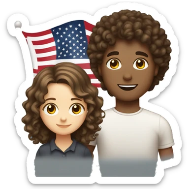 couple of white browned eyed and brown haired girl and white brown eyed and browned curly haired guy who holds american and polish flag  sticker