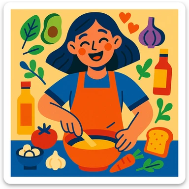 a joyful girl making food, surrounded by ingredients, radiating happiness and affection sticker