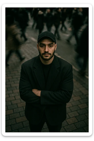 overhead shot of me standing still on a brick city sidewalk, wearing a dark oversized blazer,
motion-blurred crowd rushes past around me. Moody lighting, 35mm film look, shallow depth of field, sharp focus on me. sticker