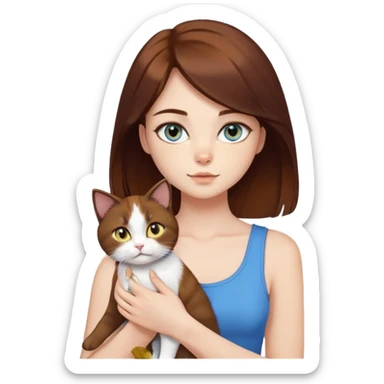 orta boy koyu kumral saçlı hafif çekik kahverengi gözlü güzel yüzlü güzel bir kız kucagında sarı beyaz hafif de siyah karışık tüylü bir gözü mavi bir gözü kahverengi güzel yüzlü bir kedi kızın üzernde crop var sticker