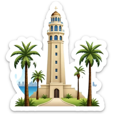 California Tower landscape in San Diego with palm trees, simple, inspired by reference photo, landscape version 2, white background sticker