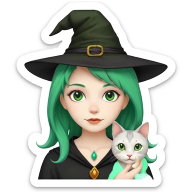 Witch with cat companion, green haired sticker