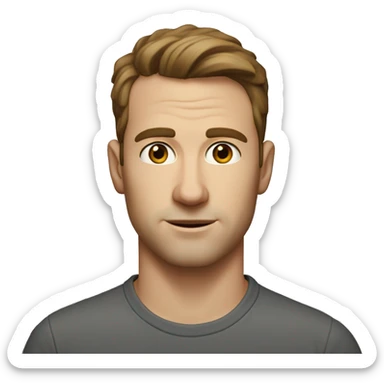 A head and shoulders shot of a 32 year old white man, with short brown hair,   with brown eyes wearing a t-shirt. sticker