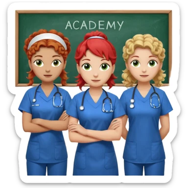 3 nurses: nurse 1 is wearing green work clothes, curly hair, middle european. nurse 2 is wearing blue work clothes, blond straight hair, scandinavic, nurse 3 is wearing white work clothes, red hair put into a bun, slavic. they all stand in a classroom, "Academy" written in white on board sticker