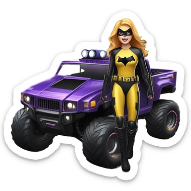 Light skinned Batgirl in shiny leather, Hummer EV radio controlled monster truck  sticker