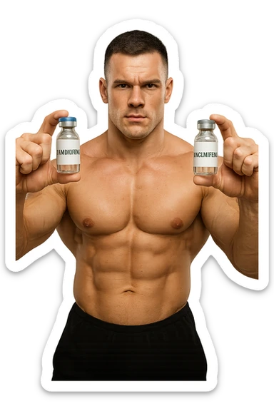 bodybuilder tiene una fiala medica con la scritta "TAMOXIF€NE" NELLA MANO DESTRA E UNA FIALA CON LA SCRITTA €NCL*MIFENE" NELLA MANO SINISTRA sticker