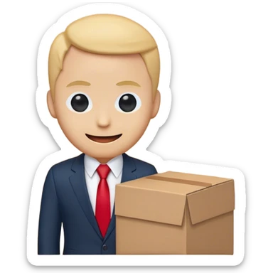 An emoji depicting a professional figure dressed in a sleek dark suit, crisp white shirt, and a red tie. The figure's head is humorously replaced by a cardboard box, featuring a minimalistic, friendly face with two circular eyes and a gentle, smiling mouth drawn in dark blue. The style is clean, flat, and simplified, suitable for clear visibility at small emoji scales. Designed for versatile use with a transparent background for easy integration into messaging platforms." sticker