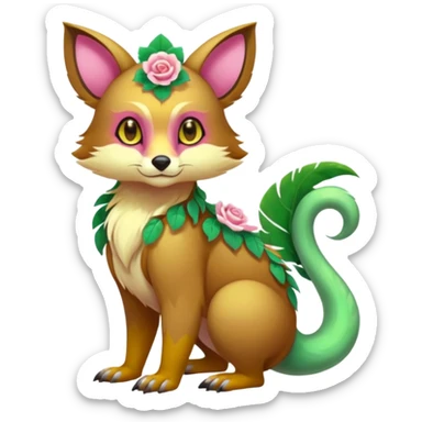 Colorful brown with rose pink, yellow-beige-cream, jade-green tropical exotic shiny beautiful fantasy-Vernid-Cacomistle-animal-Fakémon-hybrid-fursona (full body) sticker
