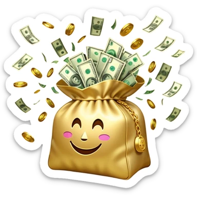 

3D emoji style, big bag of money, flying dollar bills, rich casino vibe, smooth lighting, high detail, clean edges, transparent background



 sticker