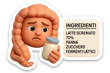 SU QUESTO STILE FAI UN EMOJI STILE IPHONE 3D DI UN INTESTINO CHE HA IN MANO UN BARATTOLO DI YOGURT CONFEZIONATO DA SUPERMERCATO E LEGGE L'ETICHETTA NUTRIZIONALE CON GLI INGREDIENTI IN ITALIANO, ACCANTO ALLO YOGURT CHE HA IN MANO C'è UN FOCUS SULL'ETICHETTA CON GLI INGREDIENTI SCRITTI, FAGLI UN ESPRESSIONE CONFUSA MENTRE LEGGE E FALLO MOLTO REALISTICO IN 3D sticker