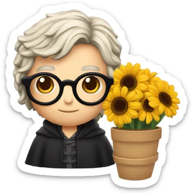 Harry potter avec les cheveux noir ondulés noir des lunettes ronde une cicatrice une baguette magique et un pot de fleur  sticker