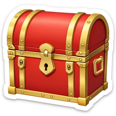 A bright red treasure chest from an RPG game with gold trim and a lock sticker