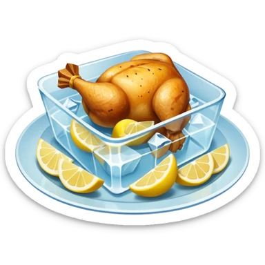 baked chicken with lemon wedges on a large platter, inside a large ice cube sticker