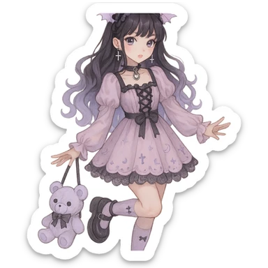 gothic K-pop girl, dreamy pastel goth style, soft colors with gothic details, whimsical pose, cute accessories sticker