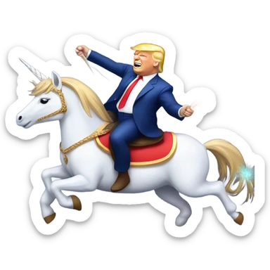 Donald trump riding a unicorn with red white and blue fireworks behind him sticker