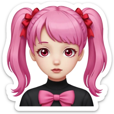 Faz uma garota de pele clara Seus olhos são grandes e rosa-avermelhados, sempre brilhantes e emotivos. O cabelo é rosa claro, preso em dois rabos de cavalo laterais com laços vermelhos, e sua franja é cheia, caindo sobre a testa de forma suave. sticker