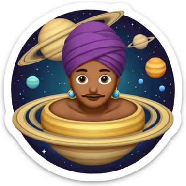 A bold emoji-style illustration with Saturn 🪐 as the dominant element, clearly showing its bright rings. Inside the planet, a stylized man wearing a colorful turban 👳🏾‍♂️, depicted as a mystical or adventurous character, sitting or floating within Saturn, integrated with the planet’s texture. . sticker