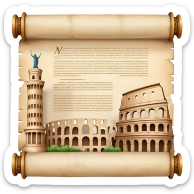 An icon featuring an ancient scroll, surrounded by famous historical landmarks and statues of notable figures, like the Colosseum or Napoleon. The design symbolizes the exploration of history through monuments and people. Transparent background highlights the pas sticker