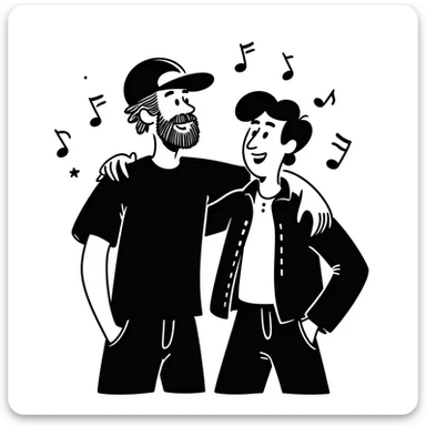 Two male musicians side by side with one arm over the other's shoulder: a 35-year-old with stylized beard, backwards cap, rocker style, and a younger 25-year-old musician, both smiling. Music notes and stars around them. Other band members celebrating in the background. sticker