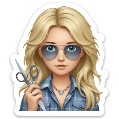girl with long blond messy hair wearing grey plaid shirt with blue eyes and aviator sunglasses wearing a ring on her silver necklace, holding scissors sticker