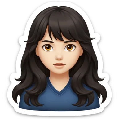 A girl with long wavy hair and bangs, radiating fierce confidence. sticker