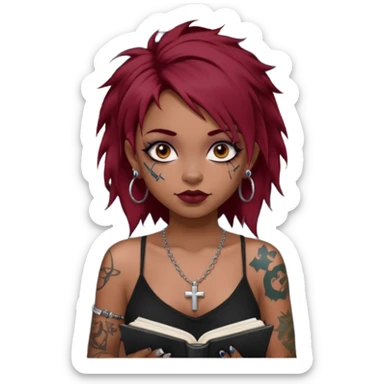 generate an ios genmoji of a girl with dark red messy hair with eyeliner on her eyes.  septum piercing, wearing a cami black top, has tattoos, on shoulders. ear piercings. wearing a cross silver necklace. Holding an overfilled sketchbook. dusky skin color. Holding redbull in the other hand sticker