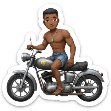 Black big men without shirt riding an old small motorcycle sticker